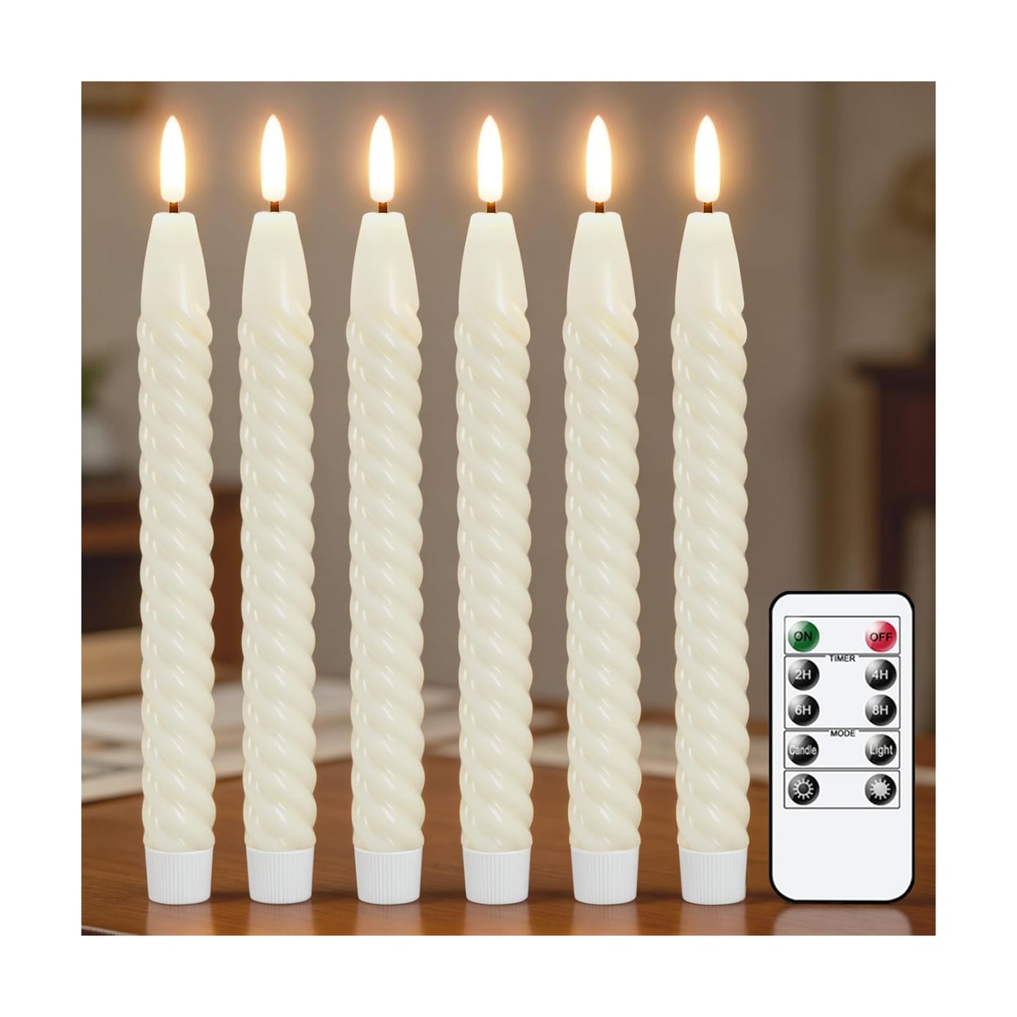 Ivory Flameless Taper Candles Flickering with Remote Timer | LED Spiral Taper Candles, Flameless Candlesticks, Battery