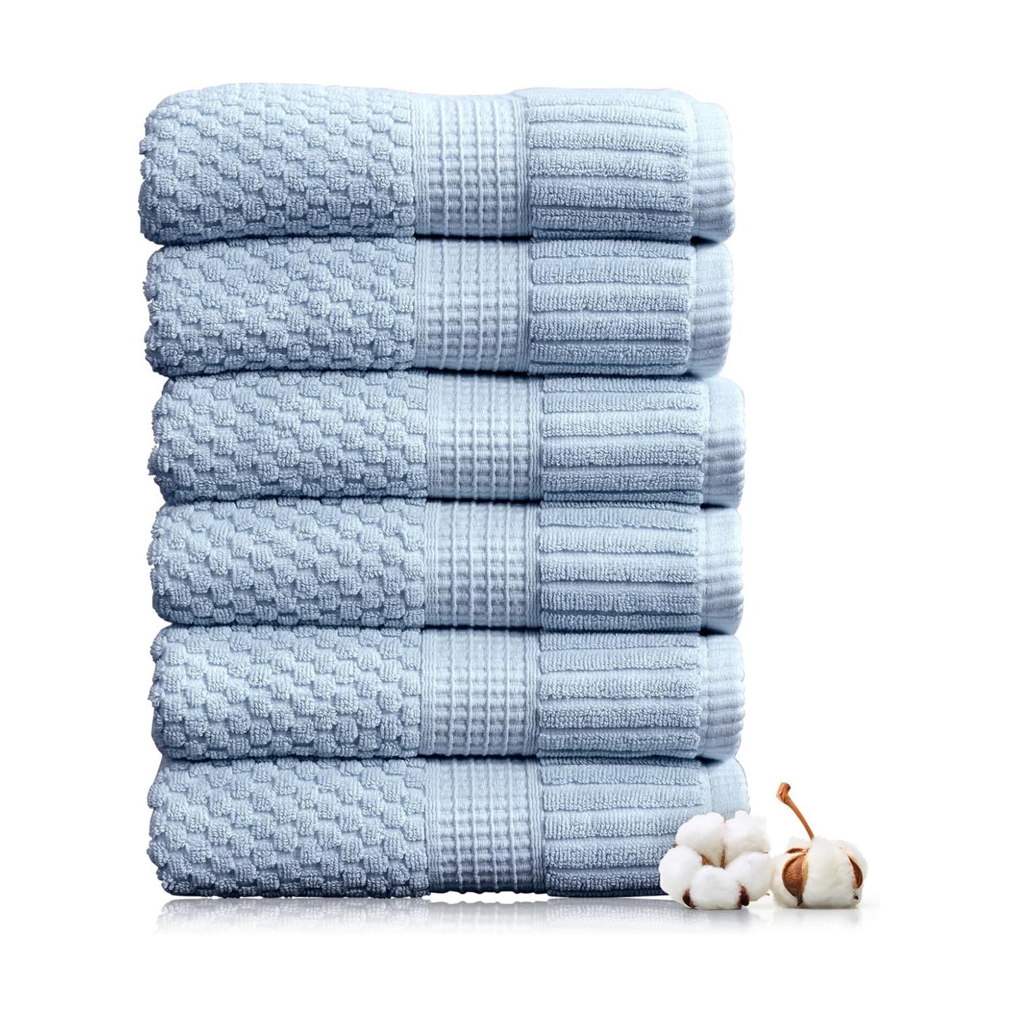 NY Loft 100% Cotton 6-Pack Hand Towel Set | Blue | Oeko-TEX | Quick-Dry | Six 16" x 28" Hand Towels | Super Absorbent