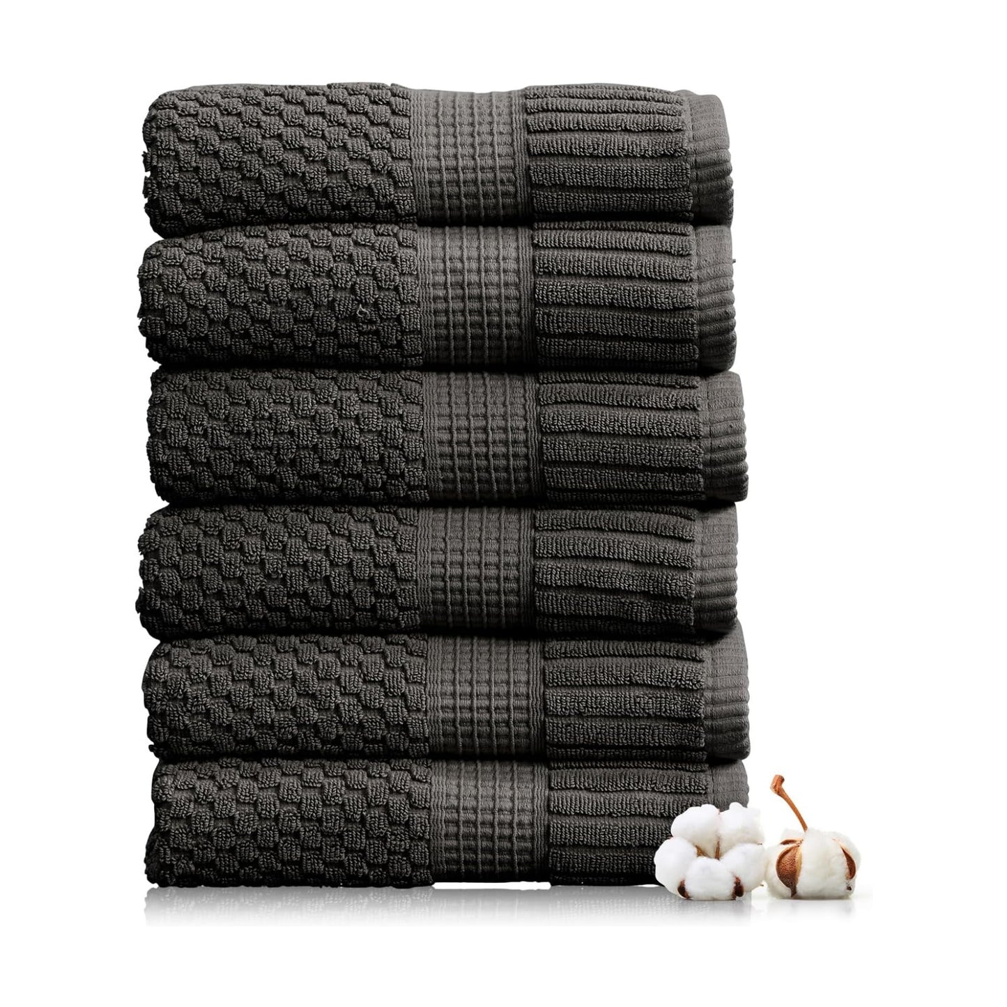 NY Loft 100% Cotton 6-Pack Hand Towel Set | Dark Grey | Quick-Dry | Six 16" x 28" Hand Towels | Super Absorbent
