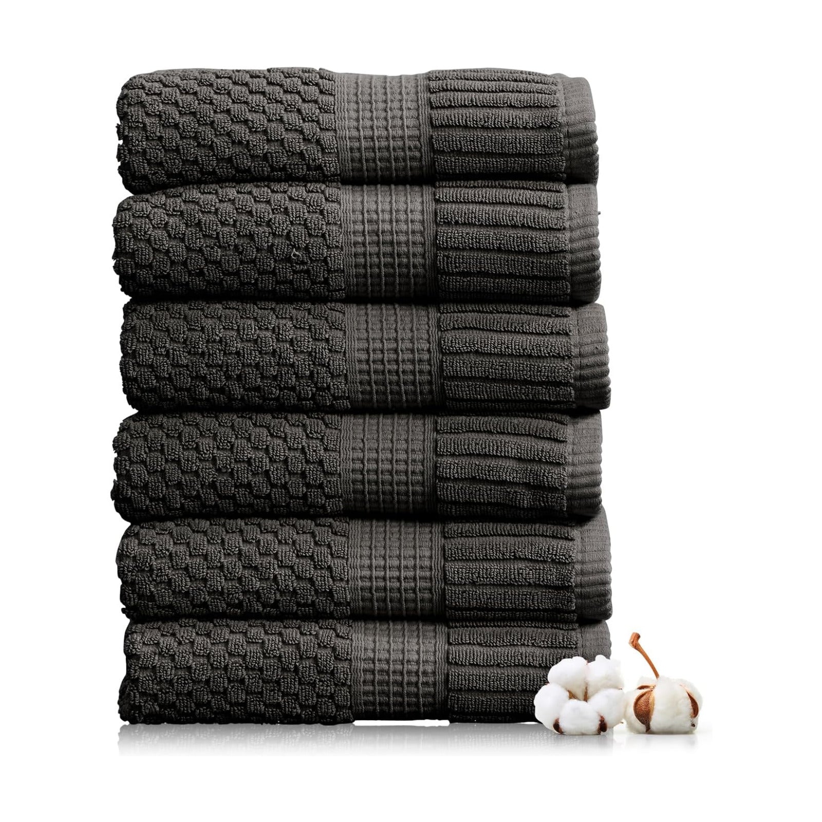 NY Loft 100% Cotton 6-Pack Hand Towel Set | Dark Grey | Quick-Dry | Six 16" x 28" Hand Towels | Super Absorbent