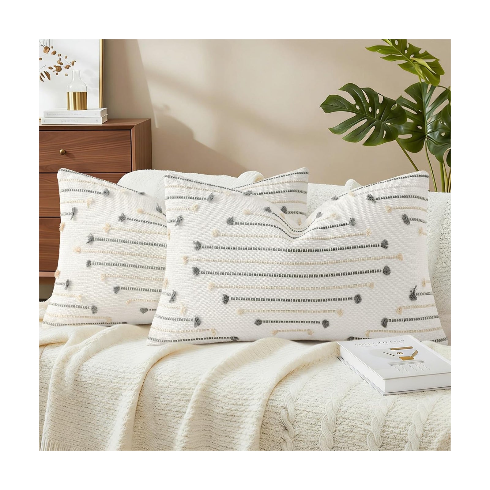 Farmhouse Lumbar Pillow Covers / Beige and Grey / 20 x 12 / Set of 2