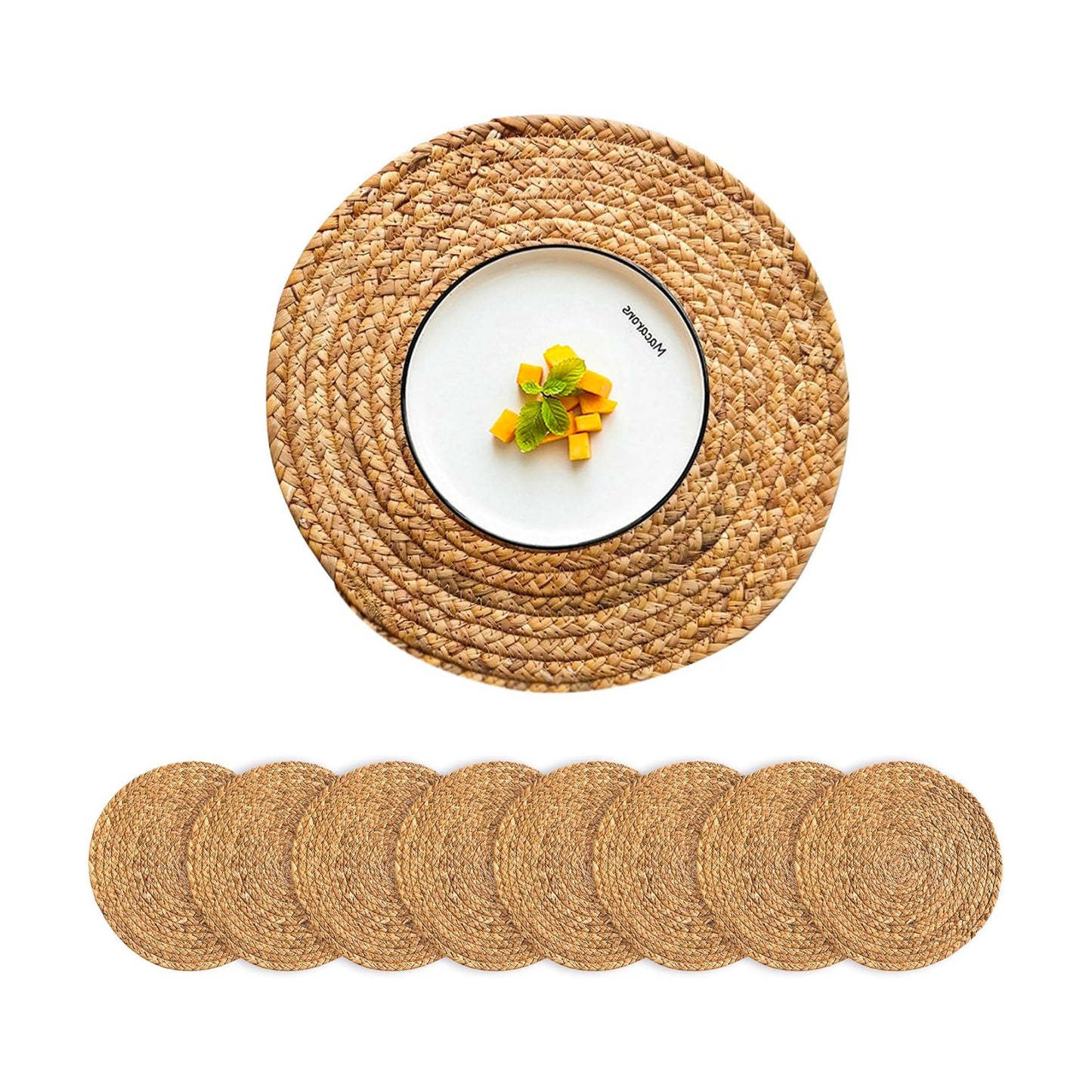 Round Placemats Set of 8 Natural Woven Rattan Placemats, Braided Boho Farmhouse Place Mats Heat Resistant Dining Table