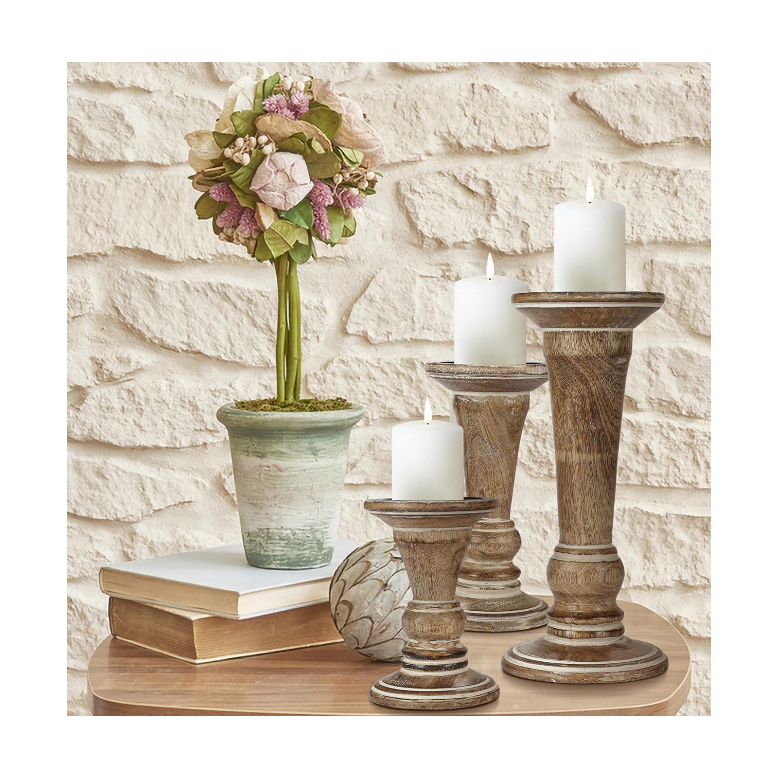 Homebia Design White Wash Mango Wood Candle Holder Set of 3 – 10, 8, 6 Inch