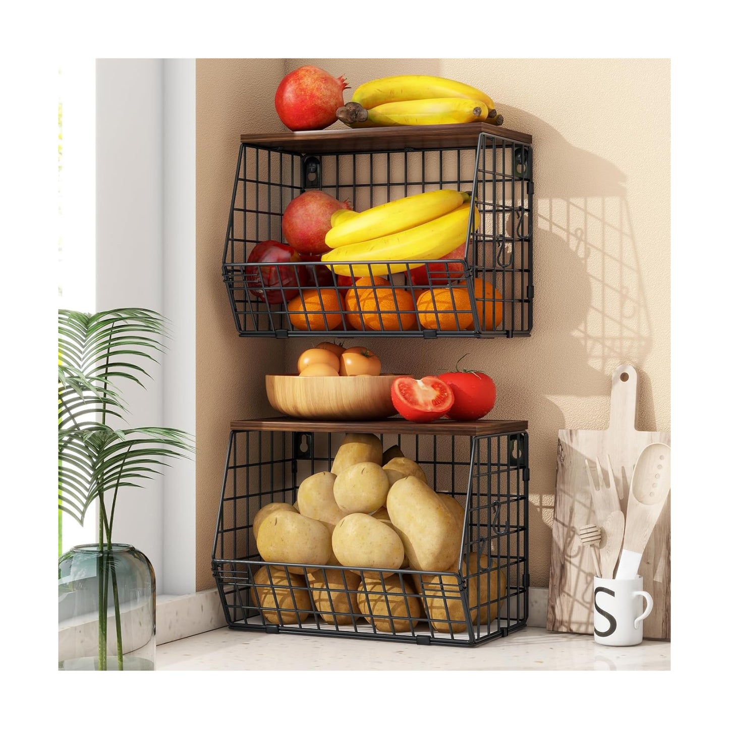 Stackable Wall Basket Fruit Basket / Brown / Large X2 / Set of 2