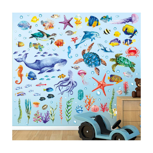 DECOWALL Under The Sea Wall Decals Ocean Fish Stickers Turtle Jellyfish Seaweed / Set of 128