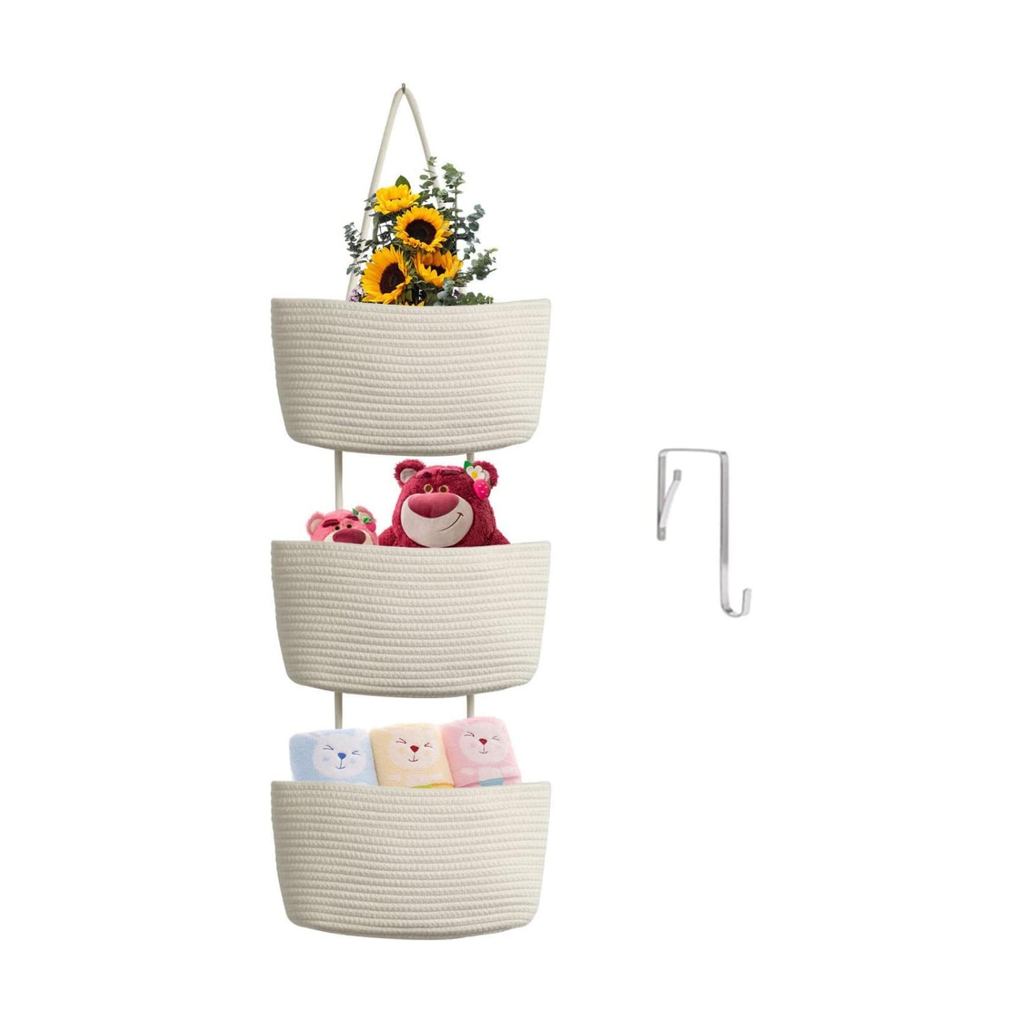 3-Tier Woven Cotton Wall-Mounted Storage Organizer Bag Decorative Hanging Nursery / White