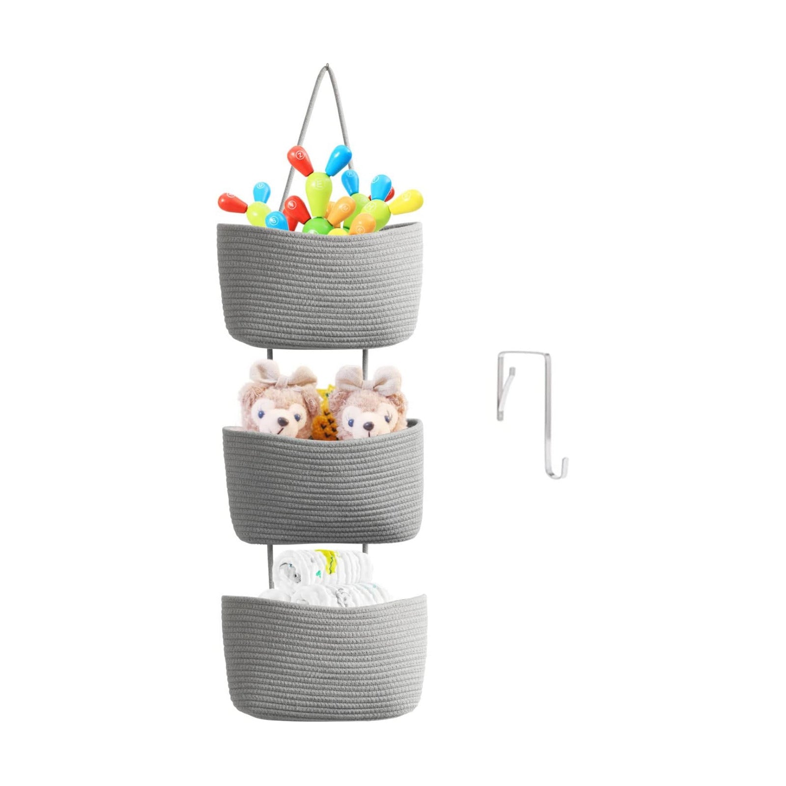 3-Tier Woven Cotton Wall-Mounted Storage Organizer Bag Decorative Hanging Nursery / Gray