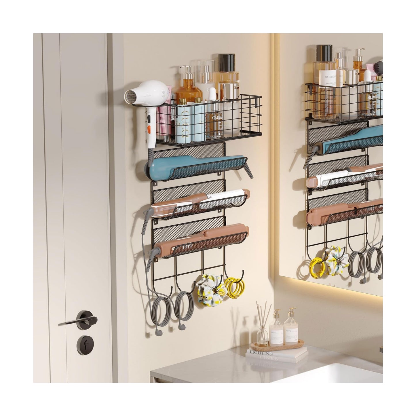 Wall-Mounted Hair Dryer Holder Styling Tool Organizer 4-Shelf Storage Wire Basket with Hook Heat Safe Rack for