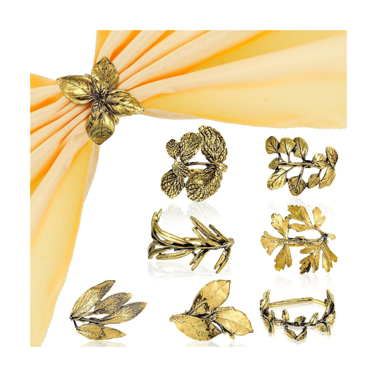 Cunhill 8 Pcs Herb Napkin Rings Set Vintage Leaf Napkin Holders, Gold
