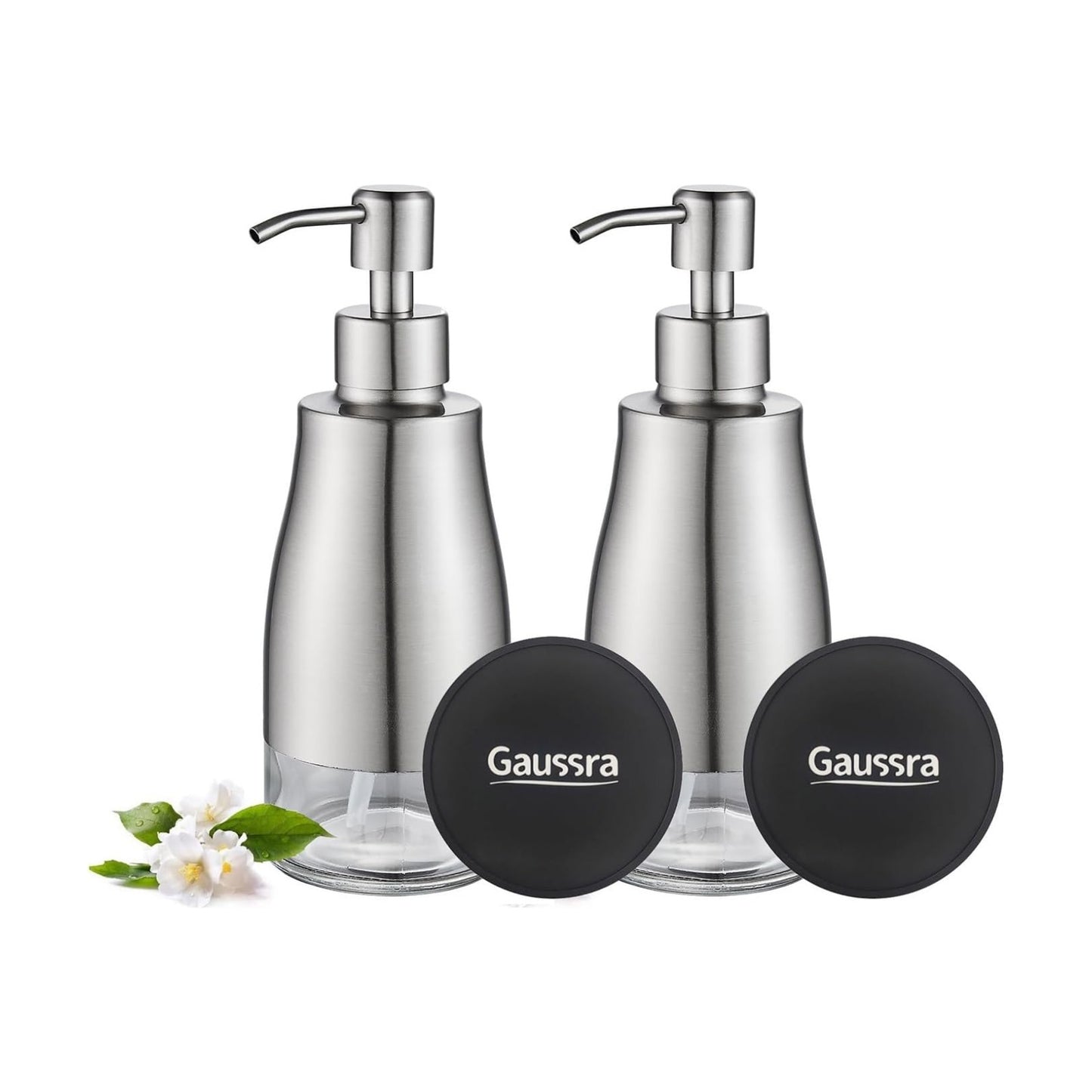 Gaussra 2 Pack Soap Dispenser with Coaster and Stickers - 11 OZ / 320 ML | Stainless Steel Case Glass Liner Hand Pump