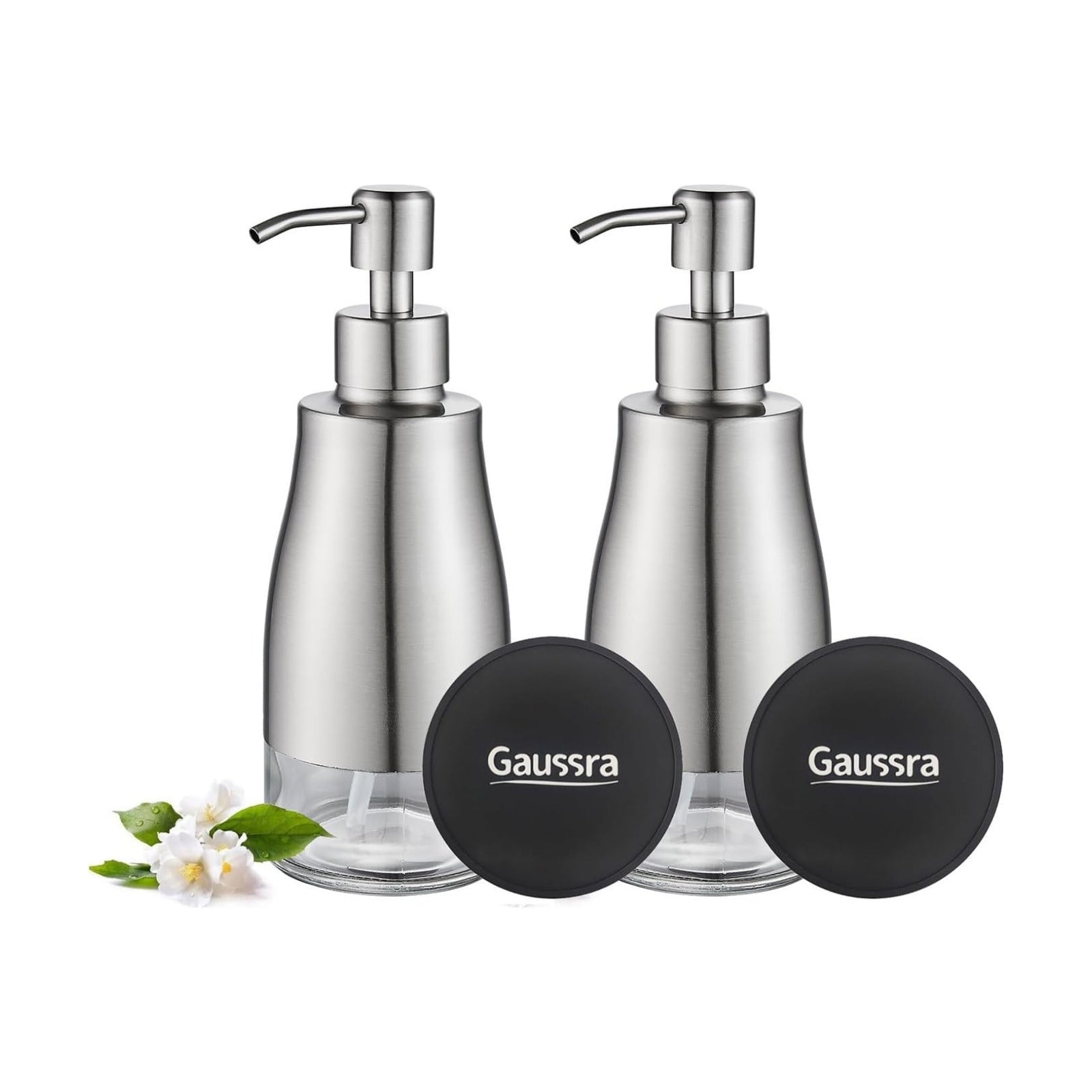 Gaussra 2 Pack Soap Dispenser with Coaster and Stickers - 11 OZ / 320 ML | Stainless Steel Case Glass Liner Hand Pump