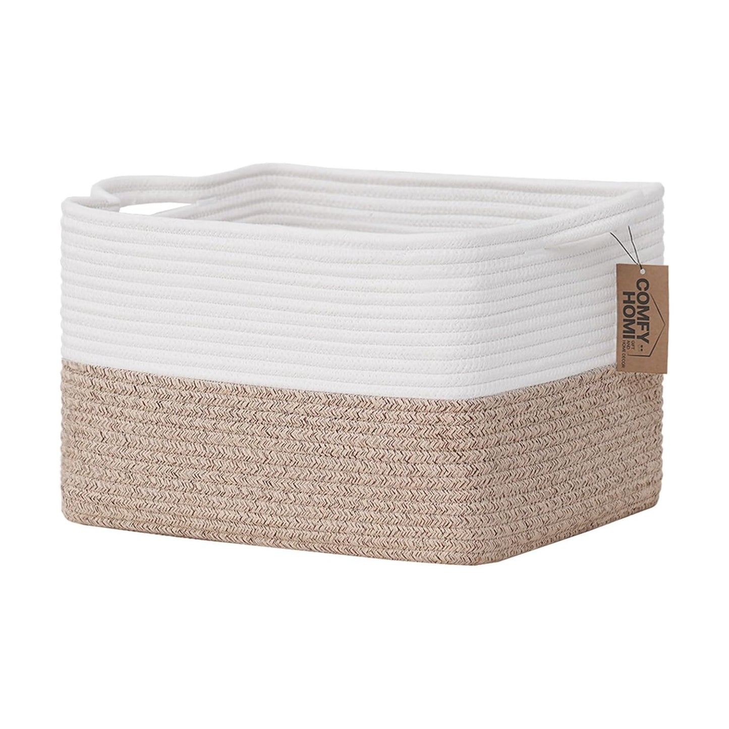 Cotton Rope Woven Basket / 13.5 x 11 x 9.5 / White/brown