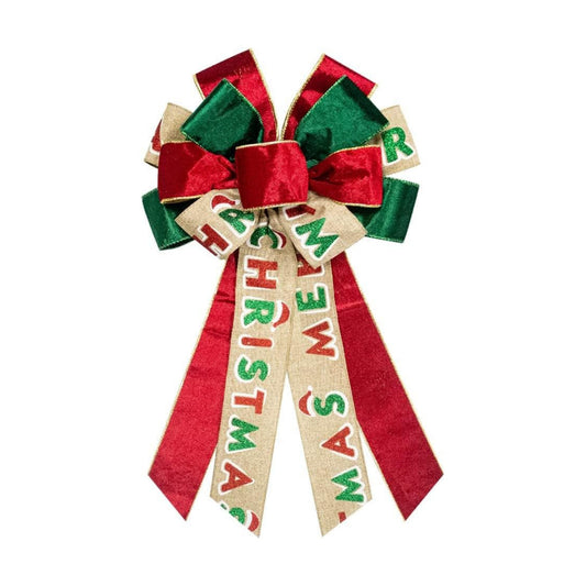 Hying Large Christmas Bow for Wreath, Green Red Velvet Bows for Front Door Wall Fence Decor, Merry Christmas Words Wreath Bow Tree Topper Bow for Winter Christmas Party Decoration Supplies