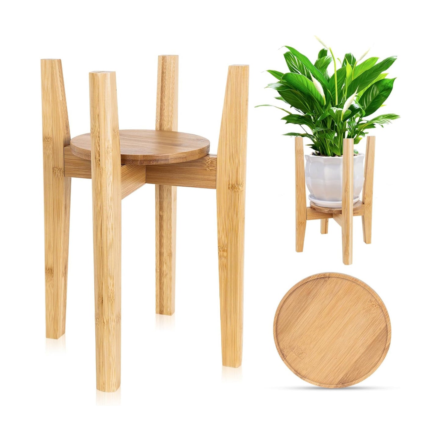 Adjustable Plant Stand with Tray,Indoor Wood Plant Stand Fit 8'' to 12'' Planter,Mid Century Modern Flower Pot Holder
