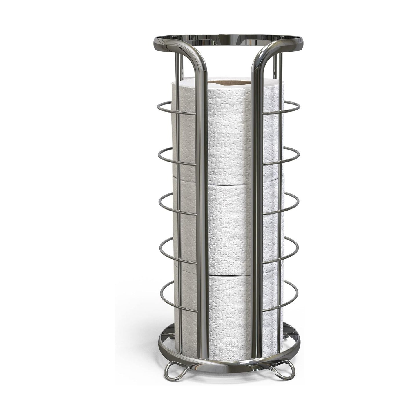 BROOKSTONE, Shiny Chrome Toilet Paper Holder, Freestanding Bathroom Tissue Organizer, Minimalistic Storage Solution