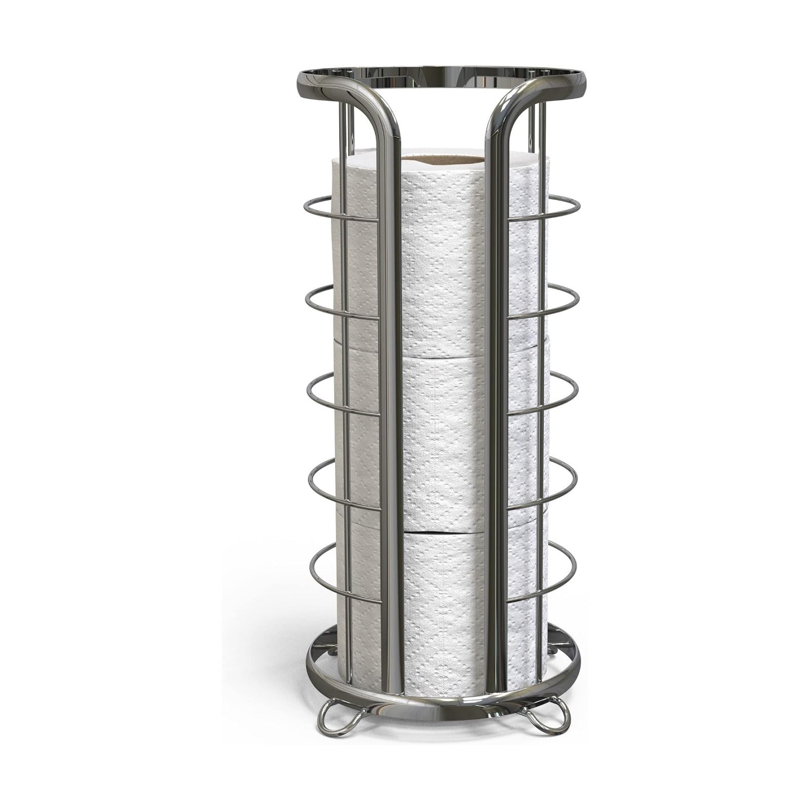 BROOKSTONE, Shiny Chrome Toilet Paper Holder, Freestanding Bathroom Tissue Organizer, Minimalistic Storage Solution