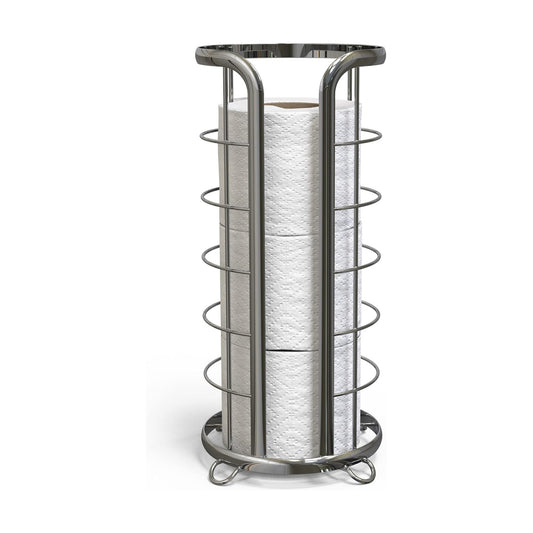 BROOKSTONE, Shiny Chrome Toilet Paper Holder, Freestanding Bathroom Tissue Organizer, Minimalistic Storage Solution