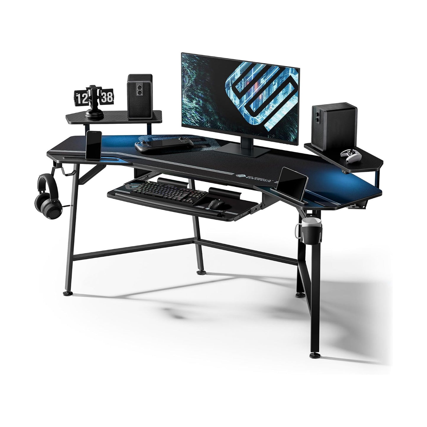 EUREKA ERGONOMIC Gaming Desk Wing Shaped Keyboard Tray 72 Inch Black | LED monitor stand with dual headphone hooks and