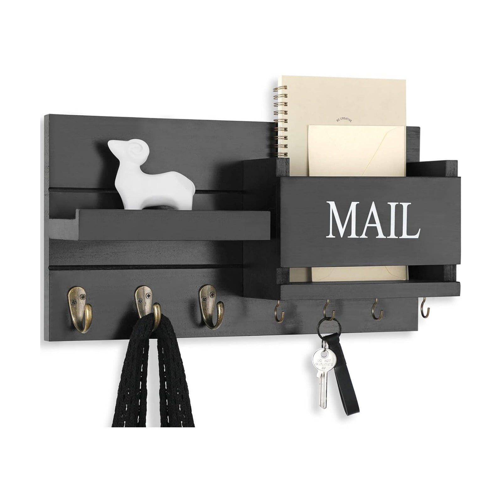 Shelf Includes Letter Holder and Hooks for Hallway Farmhouse / Black