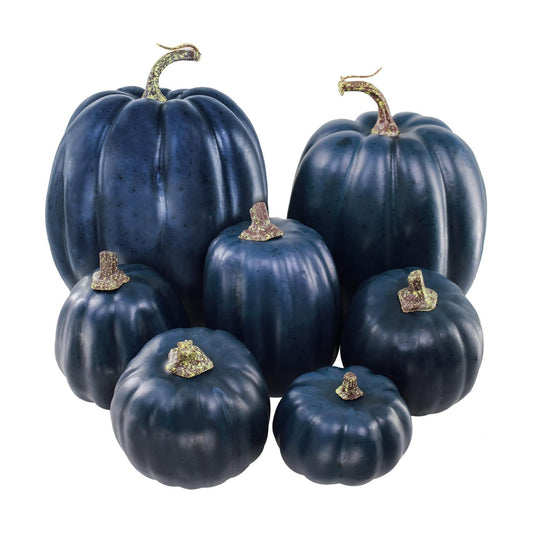 Winlyn 7 Pcs Assorted Sizes Navy Blue Artificial Pumpkins Decorative Dark Blue Pumpkins Faux Foam Pumpkins for Gifts Fall Baby Shower Thanksgiving Halloween Table Centerpiece Shelf Mantel Decoration