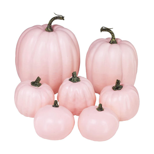 Winlyn 7 Pcs Assorted Sizes Fall Artificial Peach Pink Pumpkins Harvest Faux Foam Light Pink Pumpkins for Fall Autumn Season Halloween Thanksgiving Harvest Festive Tabletop Decoration