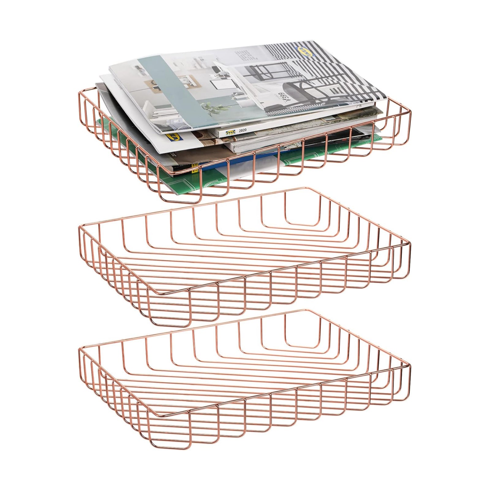 Okllen 3 Pack Wire File Tray, Rose Gold Desk Paper Letter Tray, Magazine Files Storage Basket Organizer Bin for Office