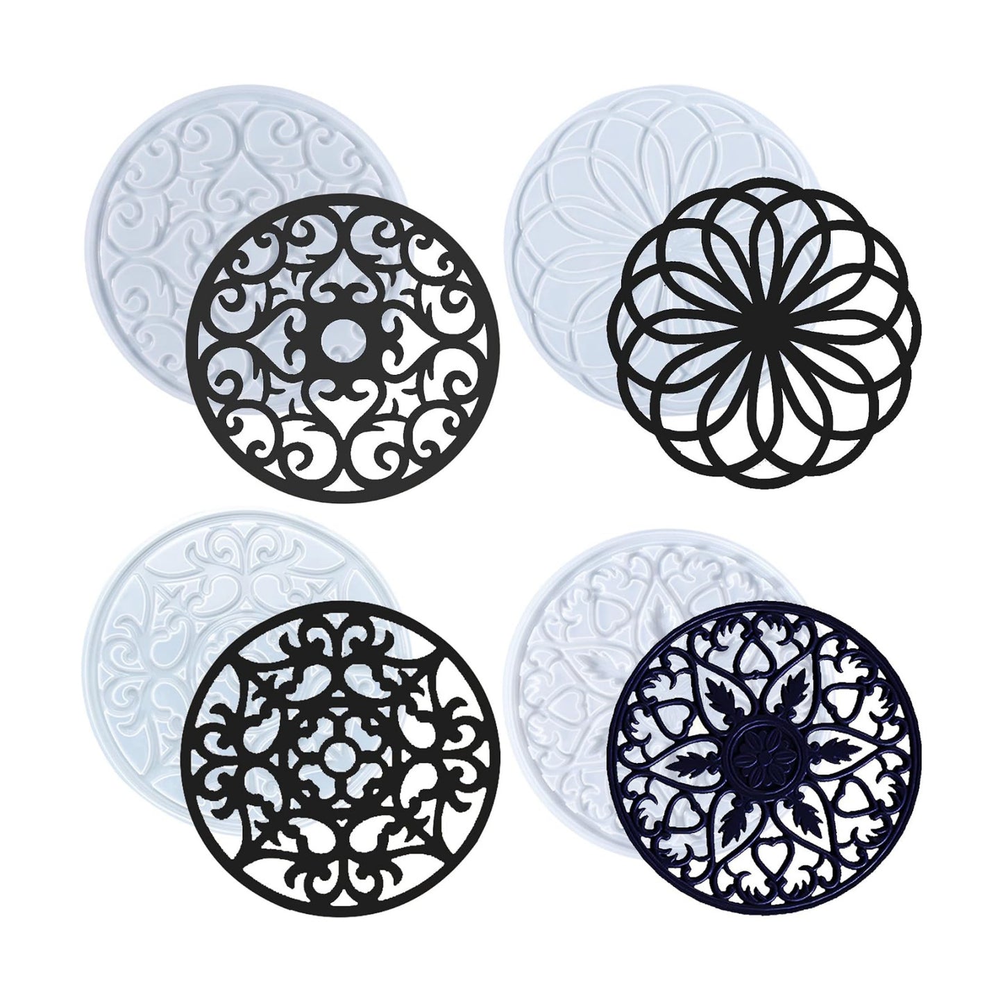 Large Hollow Flower Silicone Coaster Moulds for Resin 3D Mandala Jewelry Casting / Set of 4