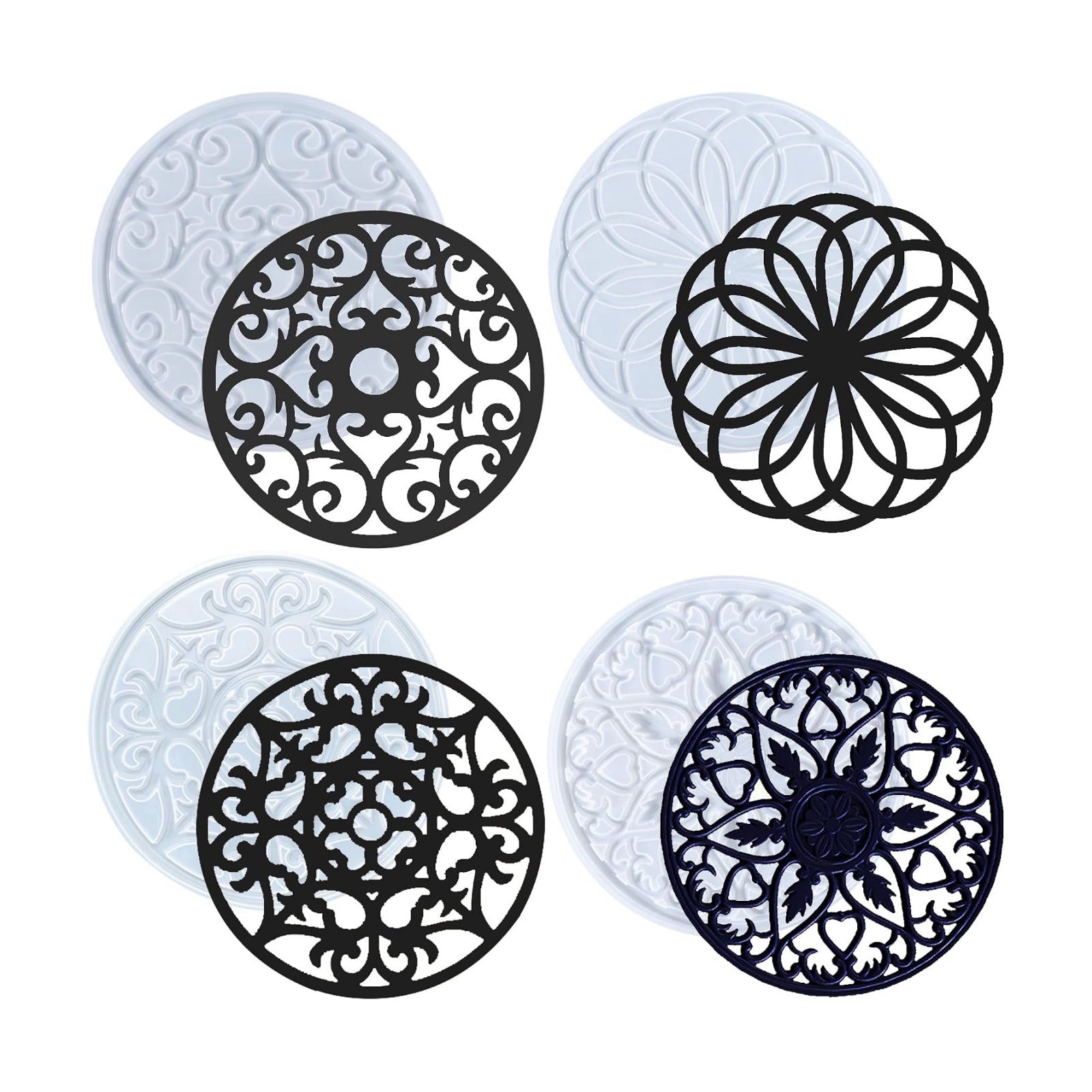 Large Hollow Flower Silicone Coaster Moulds for Resin 3D Mandala Jewelry Casting / Set of 4