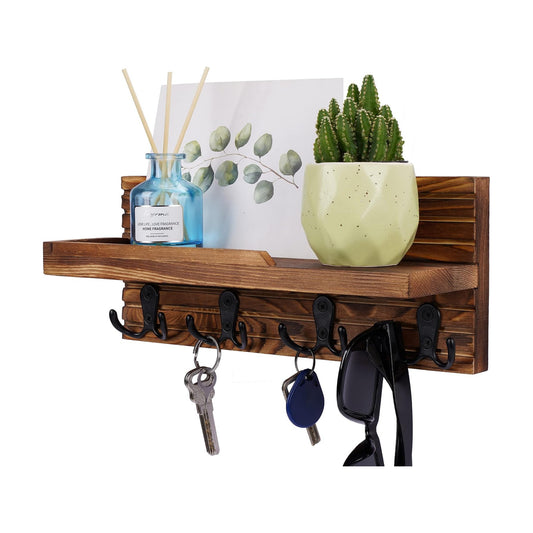 Easy Install Natural Wooden Key and Mail Holder / Brown