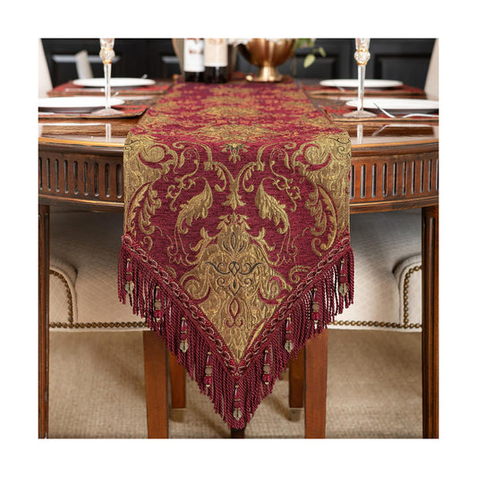 Loom and Mill Luxury Vintage Chenille Table Runner 120 Inches Long, Red | Damask Jacquard Table Runners with