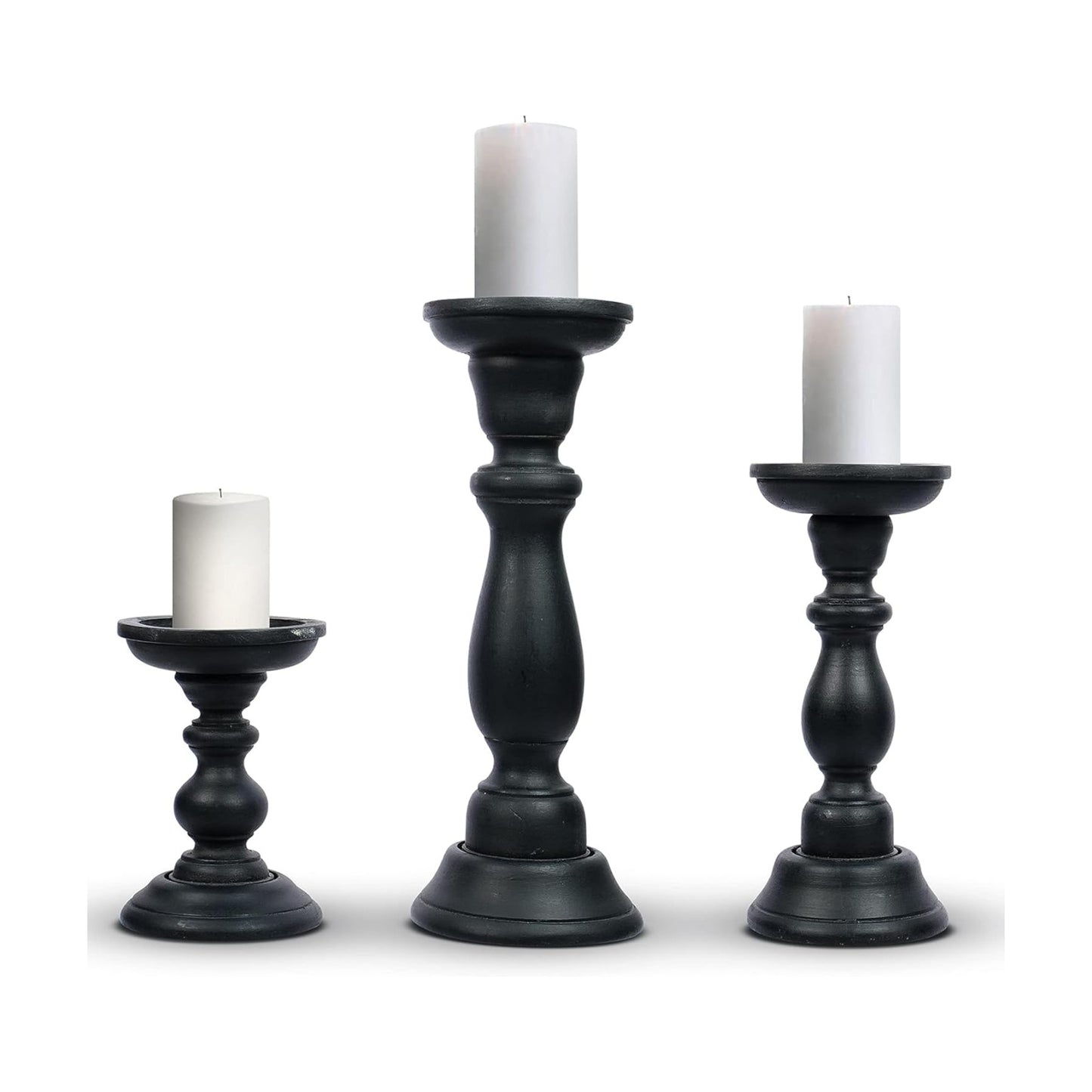 Tuli Mango Wood Candle Holders - Matte Black, Set of 3 | 6", 9" and 12" hand-carved candle holders for table, mantel