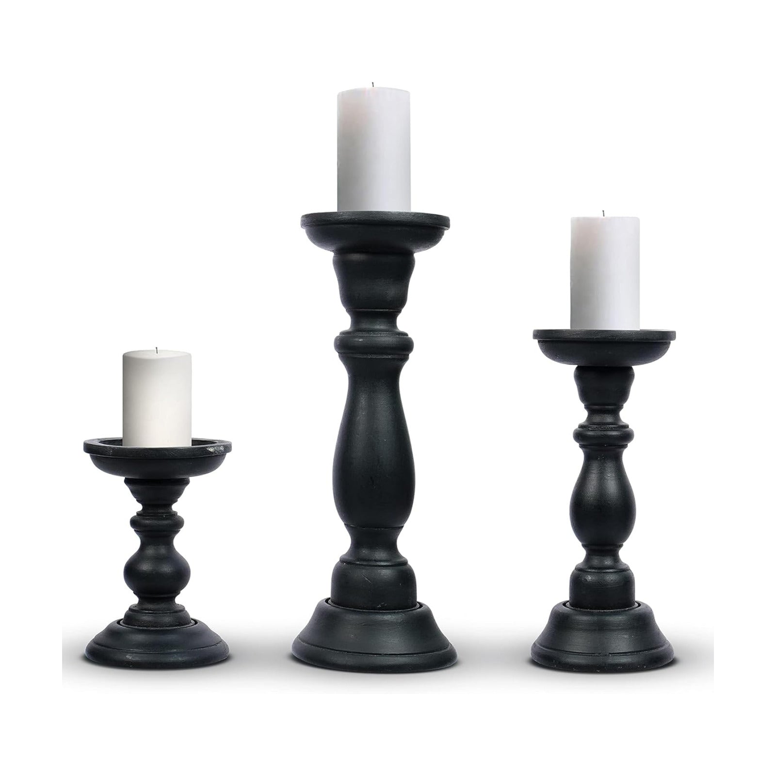 Tuli Mango Wood Candle Holders - Matte Black, Set of 3 | 6", 9" and 12" hand-carved candle holders for table, mantel