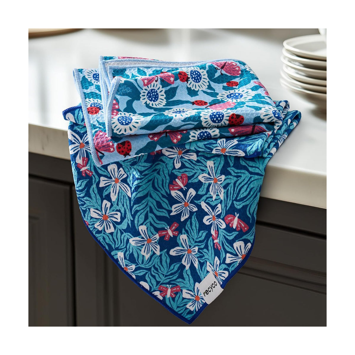 RECYCO Waffle Kitchen Towel Set of 2 - Quick Dry Microfiber Sustainable Dish Towels - Absorbent Reusable Cleaning Tea Towels - Lightweight Hand Towels,16”x 28”, Cloud Blue
