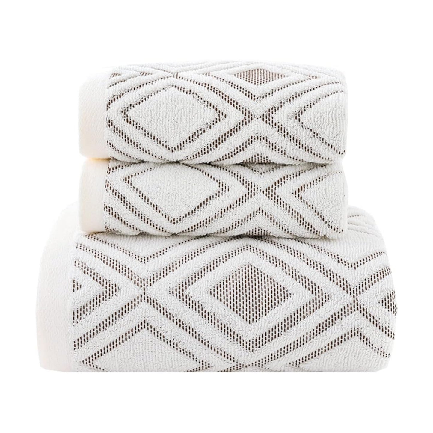 Bath Hand Towel Set of 3 Diamond Pattern 100% Cotton Absorbent Soft Decorative Towels for Bathroom (Beige Brown)