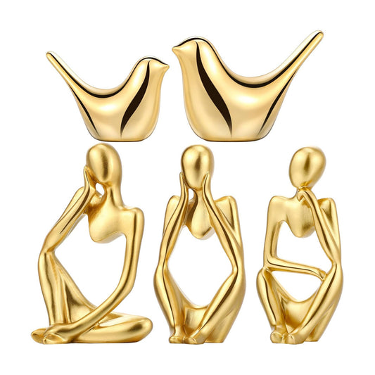 Decor Accents Set Resin Thinker Statue Small Bird Figurines Abstract Decorative / Gold / Set of 5