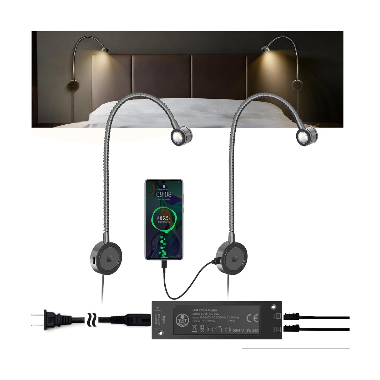 VST Wall Mounted Bed Reading Light, 3000K ETL Listed Headboard Reading Lamp, Touch Dimmable Bedside Light with USB &