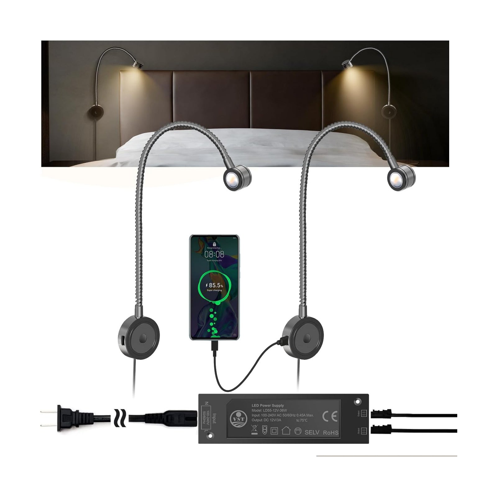 VST Wall Mounted Bed Reading Light, 3000K ETL Listed Headboard Reading Lamp, Touch Dimmable Bedside Light with USB &