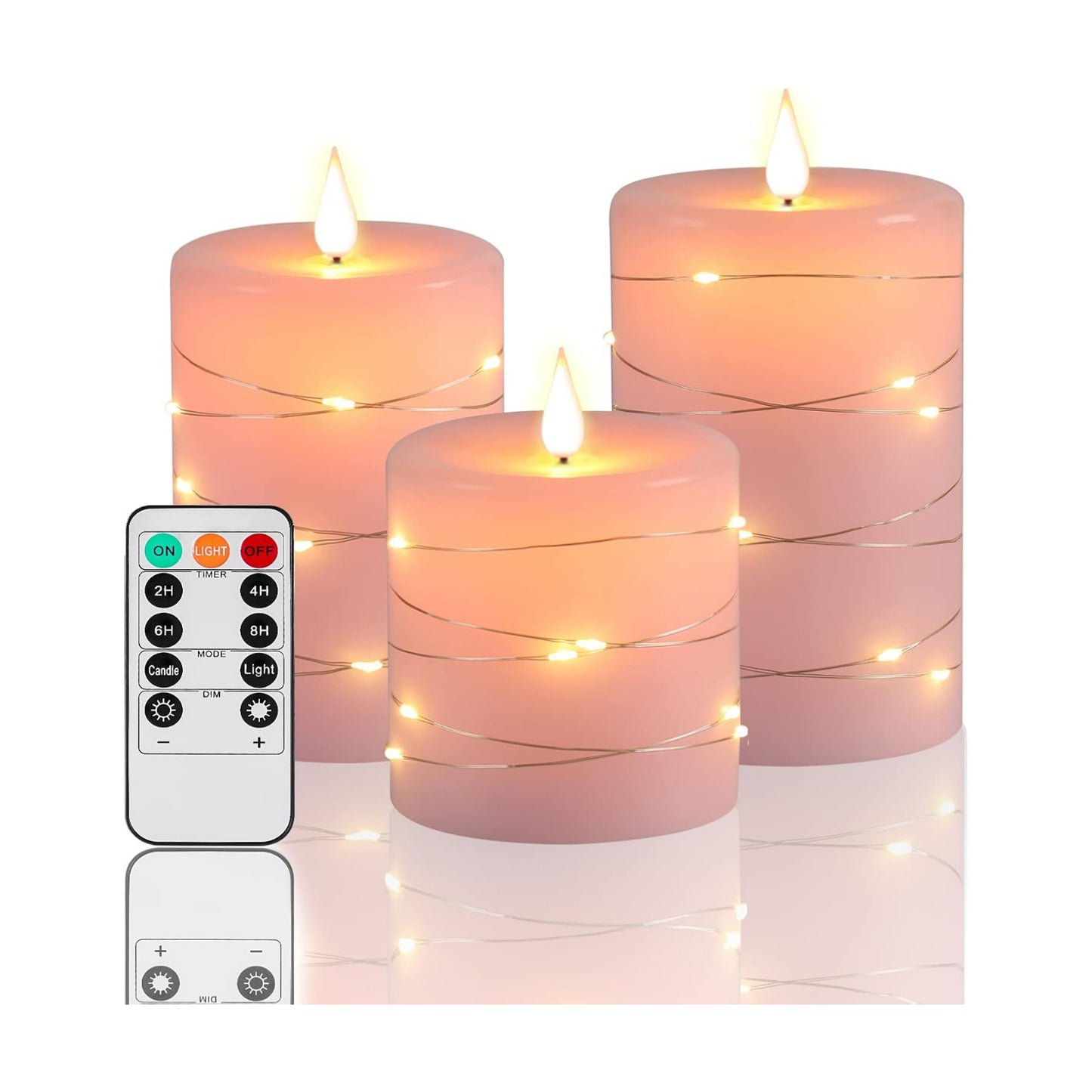 Pink Flameless Candles with String Lights Battery Operated Flickering LED Pillar Candles 4‘’ 5‘’ 6‘’ Candle with Remote