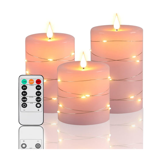 Pink Flameless Candles with String Lights Battery Operated Flickering LED Pillar Candles 4‘’ 5‘’ 6‘’ Candle with Remote