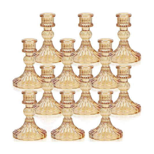 Candlestick Holders Set, 4" H Taper Candle Holders Bulk, 12Pcs Gold Glass Candle Holders for Wedding, Festival, Party &