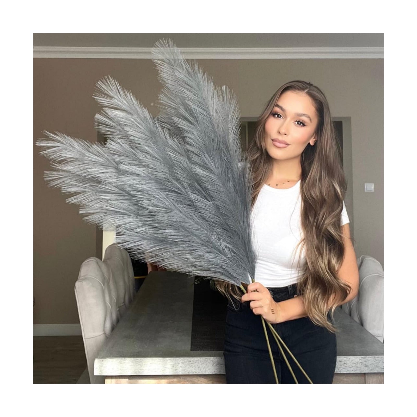 Light Fake Artificial Faux Pampas Grass Large Bundle 3 Tall 45" Extra Fluffy Stems / Grey Gray