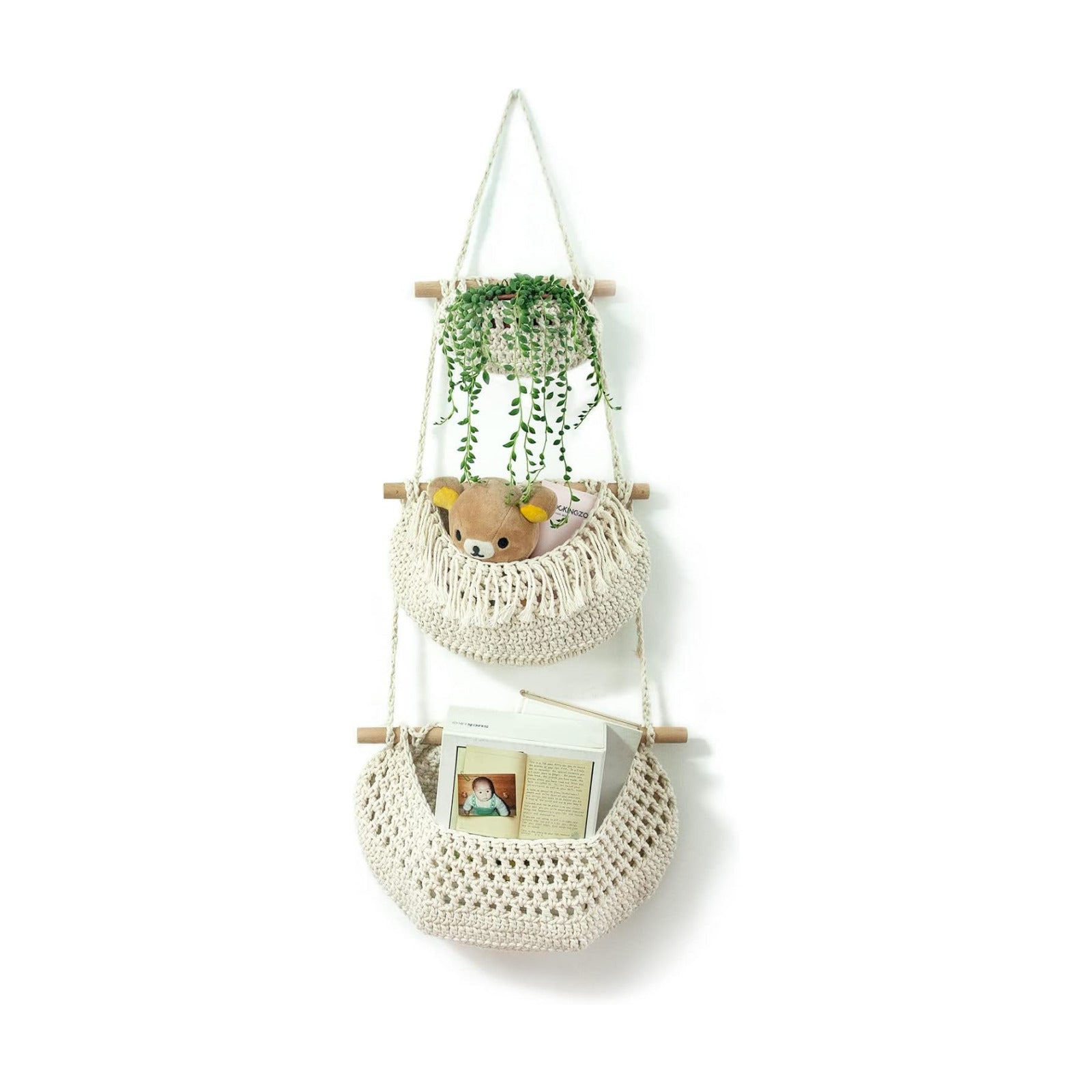 Handmade Woven Cotton Rope Wall Hanging Baskets for Organizing / White