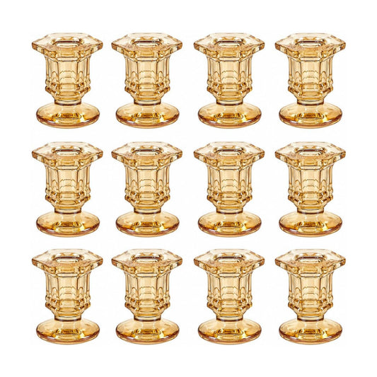 Lanttu 12 Pcs Gold Glass Candle Holders Set Candlestick Holders Bulk | Taper Candle Holders for Wedding, Festival Table