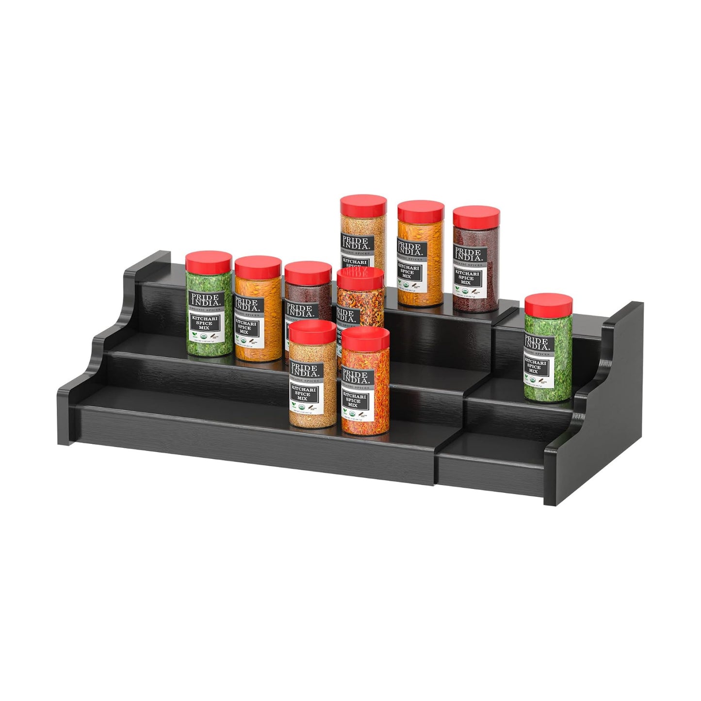 Spice Rack Organizer For Cabinet - 3 Tier Black Bamboo Wooden Expandable Display Shelf from 12.70 to 22.20 inch
