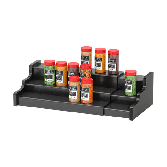 Spice Rack Organizer For Cabinet - 3 Tier Black Bamboo Wooden Expandable Display Shelf from 12.70 to 22.20 inch