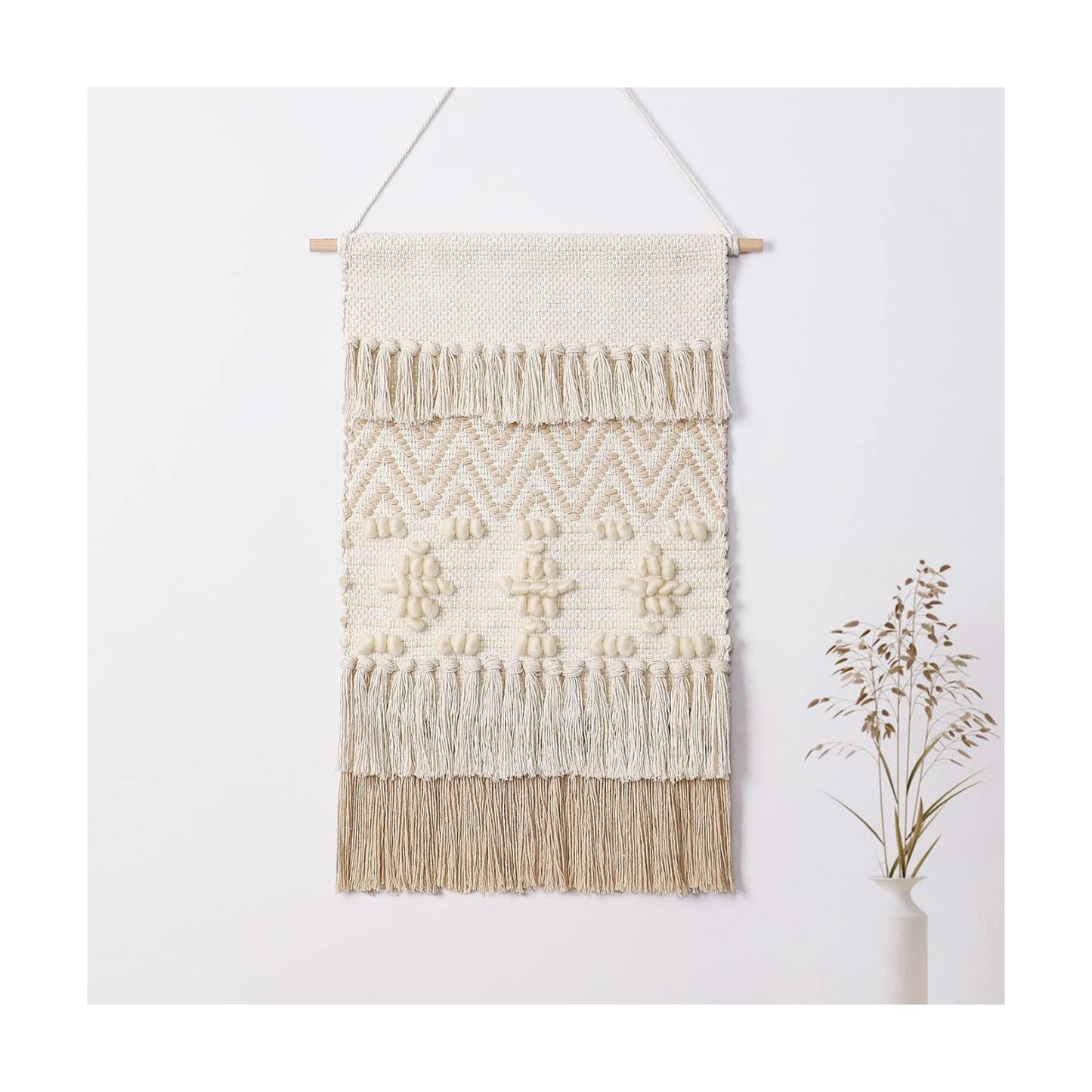 Macrame Woven Wall Hanging Home Decor Bohemian Beige Geometric Wave Art Decor / Beige Wool Ball