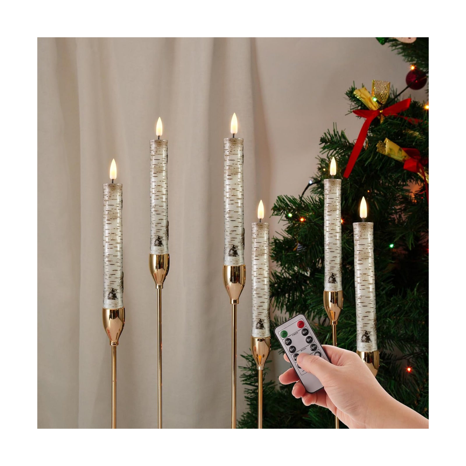 Short Birch Bark Flameless Taper Candles with Remote Set of 6 | Flickering Wood LED Candlesticks, Real Wax Coating, 2