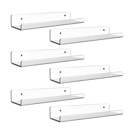 Dezzer Acrylic Floating Shelves, 6 Pack 15" Invisible Shelf Wall Ledge Bookshelf Bedroom Bathroom Kitchen Shelves Book