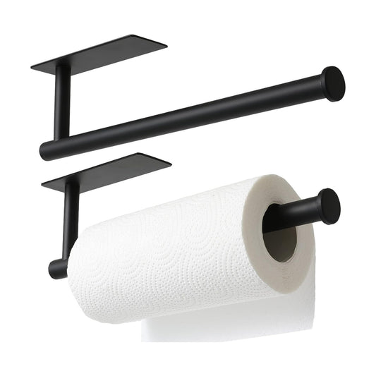 theaoo Under Cabinet Paper Towel Holder for Kitchen, Adhesive, 2 Pack Black | Self-Adhesive or Screw Mount for Cabinets