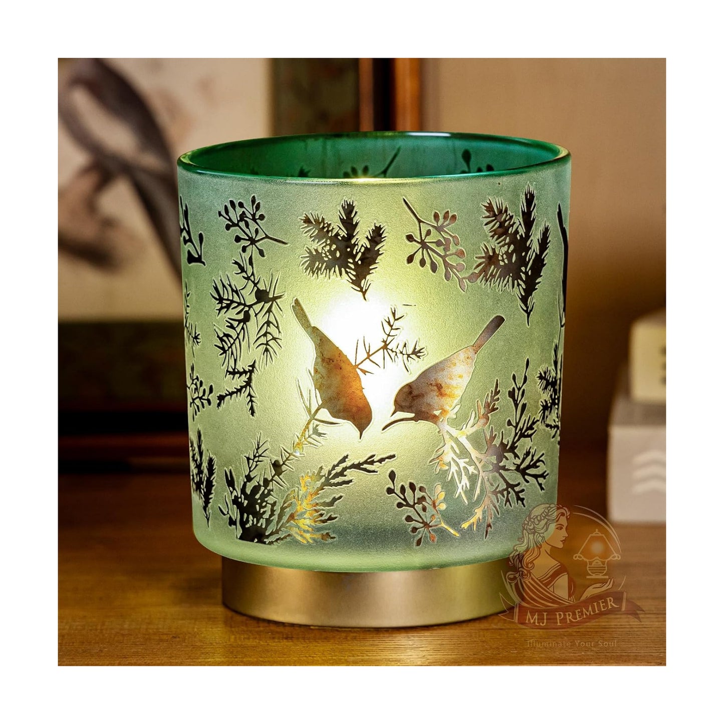 MJ PREMIER Battery Operated Lamps Cordless, Bird Lamp for Home Decor, Green | Large Stained Glass Table Lamp, 3 AA